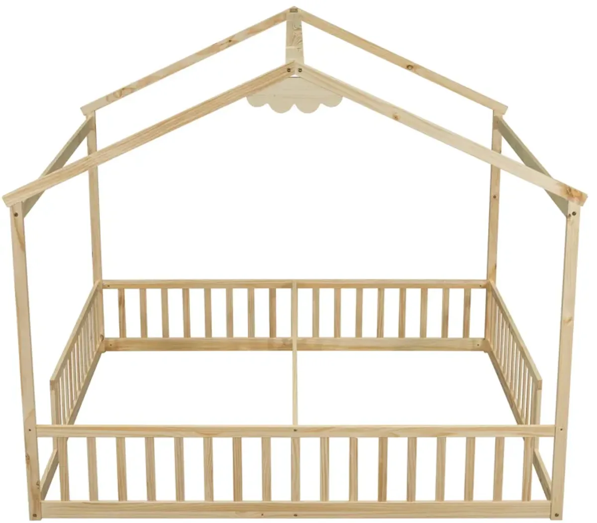 Double Twin House-Style Floor Bed With Fence, Guardrails, Without Door