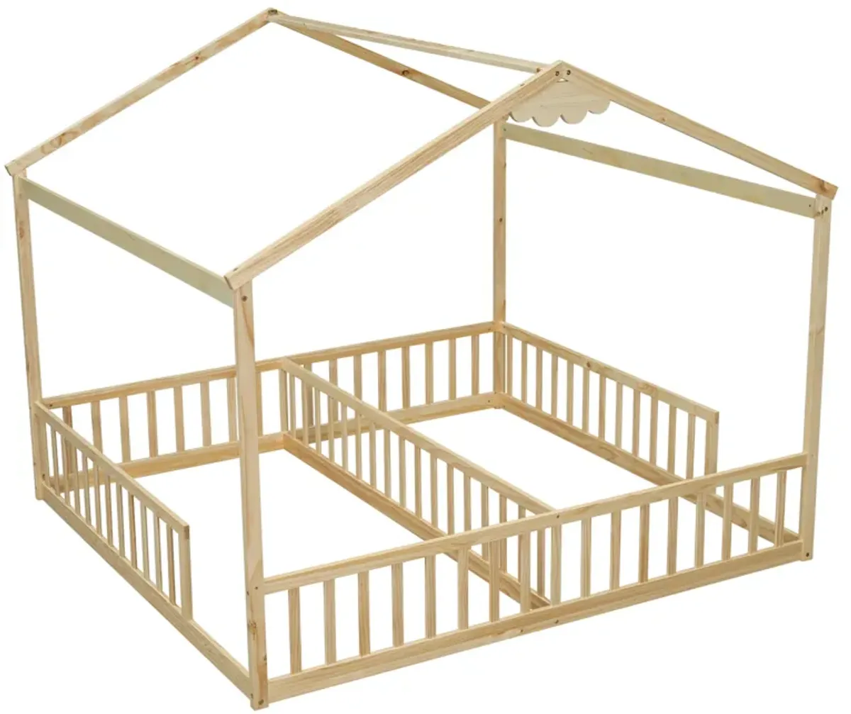 Double Twin House-Style Floor Bed With Fence, Guardrails, Without Door