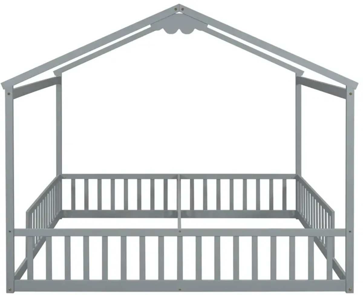 Double Twin House-Style Floor Bed With Fence, Guardrails, Without Door