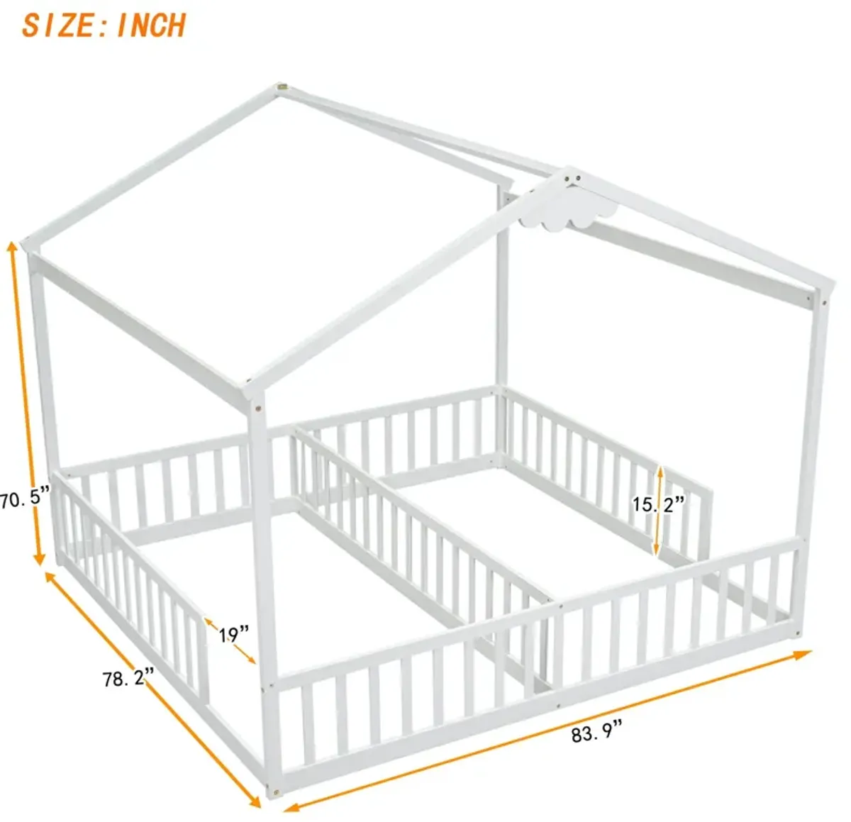 Double Twin House-Style Floor Bed With Fence, Guardrails, Without Door