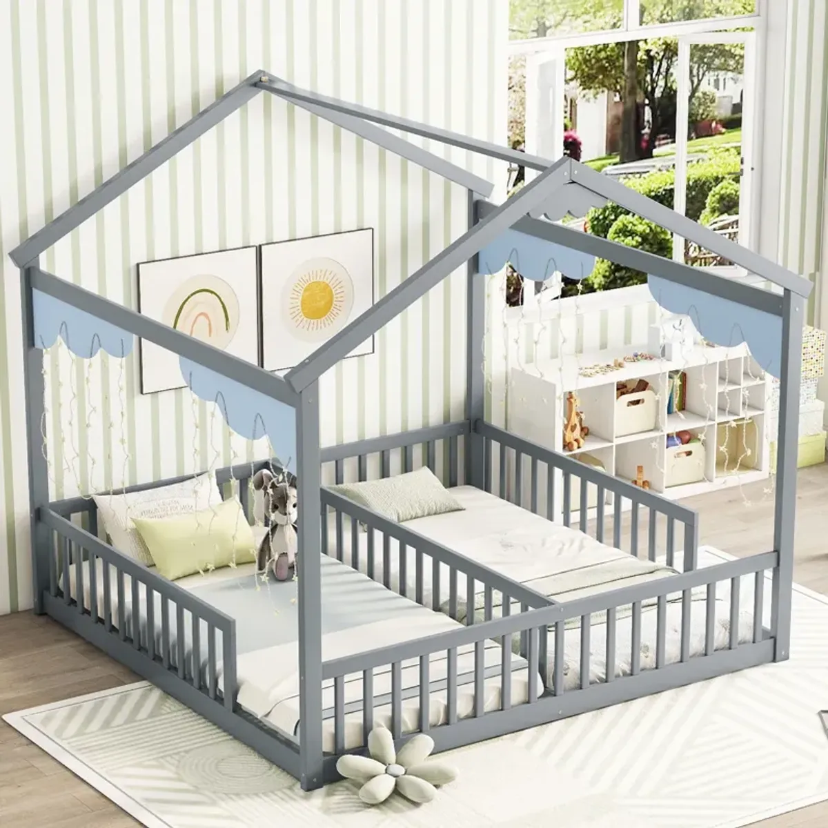 Double Twin House-Style Floor Bed With Fence, Guardrails, Without Door