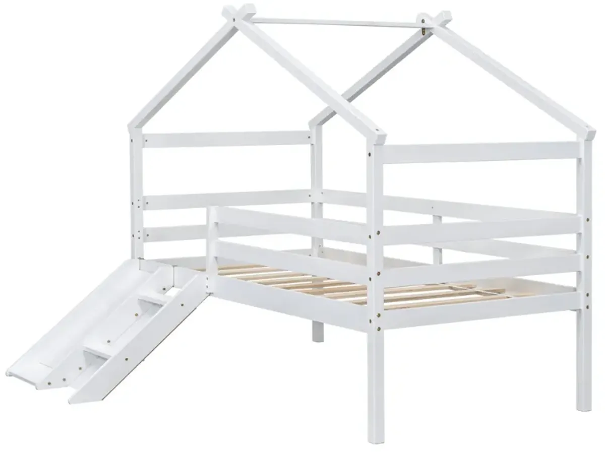 Low Loft House Bed With Slide, Ladder, Safety Guardrails, House Roof Frame