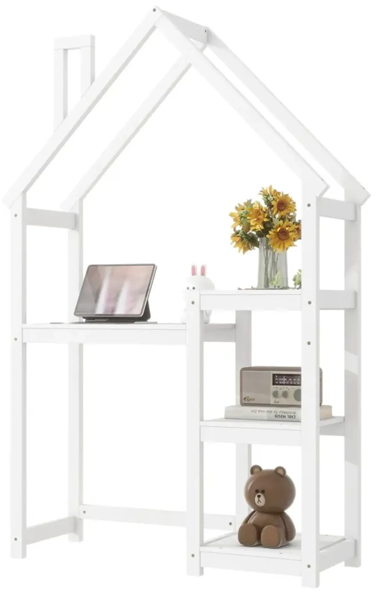 House-Shaped Wooden Writing Desk, Kids Study Table, Bookshelf & Toy Storage