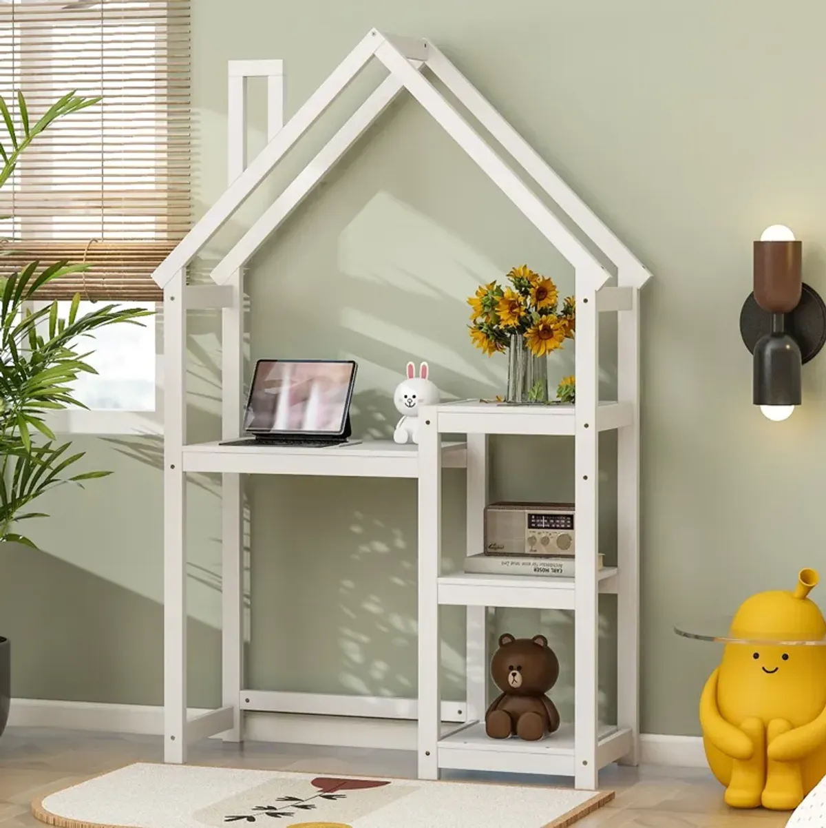 House-Shaped Wooden Writing Desk, Kids Study Table, Bookshelf & Toy Storage