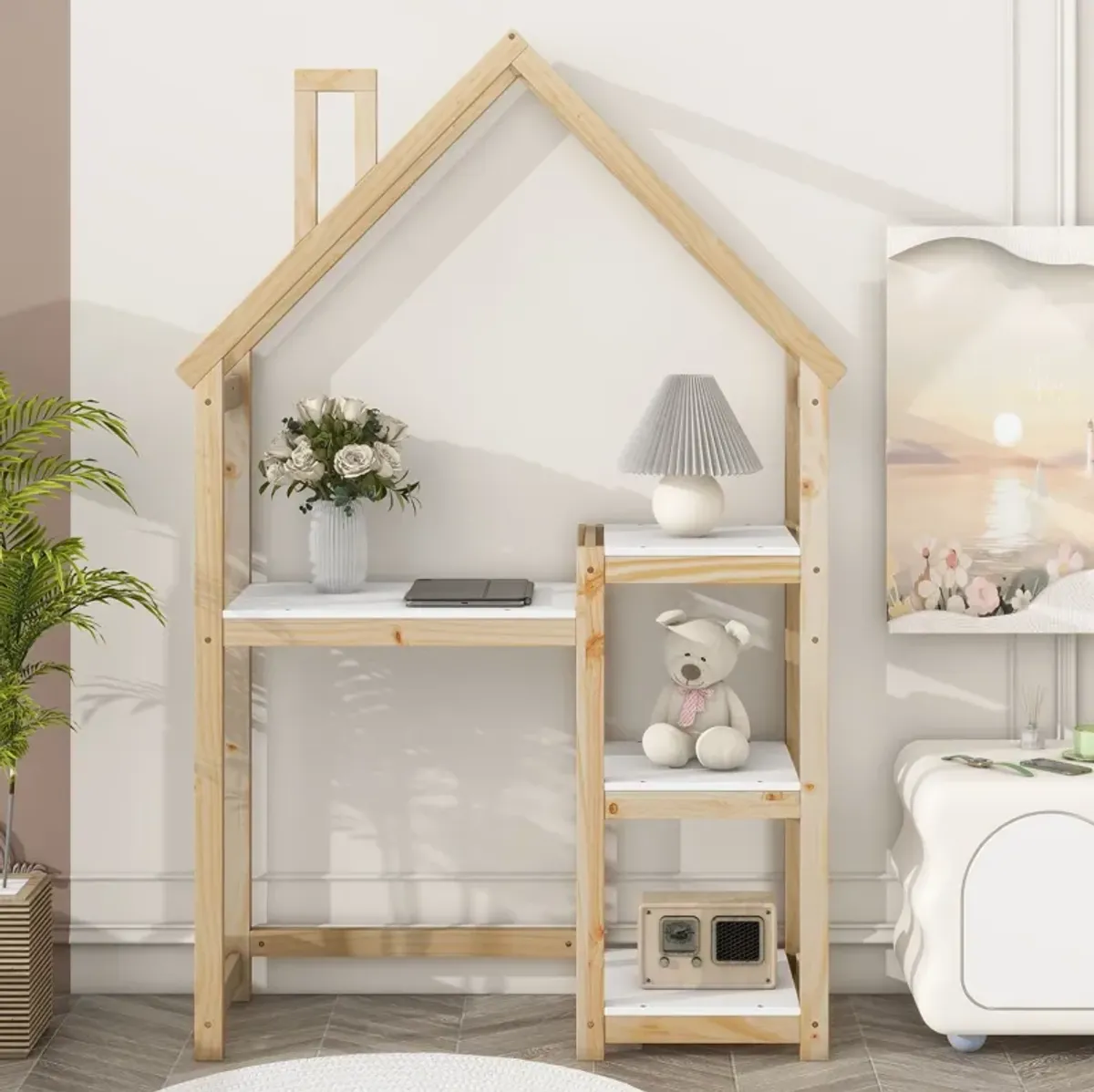 House-Shaped Wooden Writing Desk, Kids Study Table, Bookshelf & Toy Storage