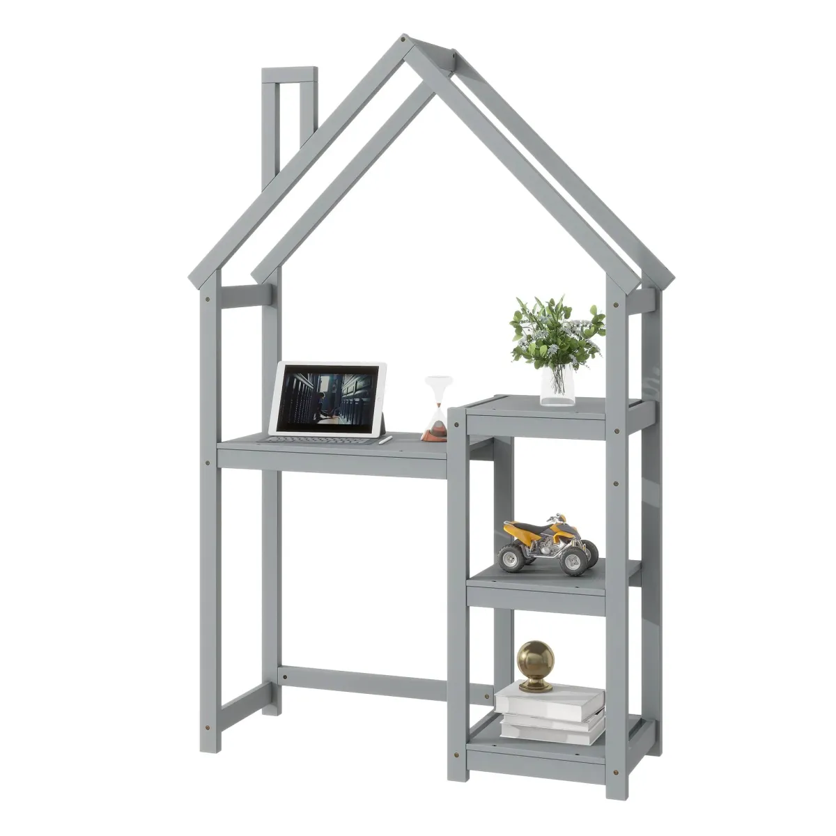 House-Shaped Wooden Writing Desk, Kids Study Table, Bookshelf & Toy Storage