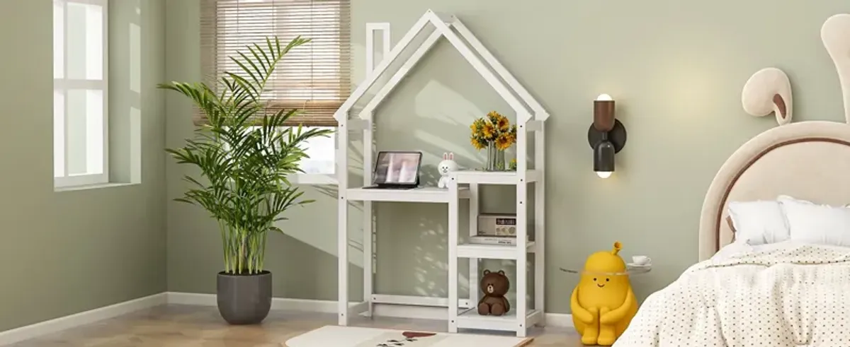 House-Shaped Wooden Writing Desk, Kids Study Table, Bookshelf & Toy Storage