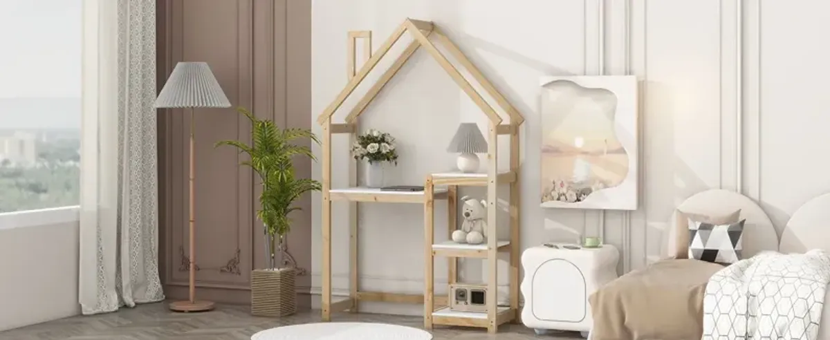 House-Shaped Wooden Writing Desk, Kids Study Table, Bookshelf & Toy Storage