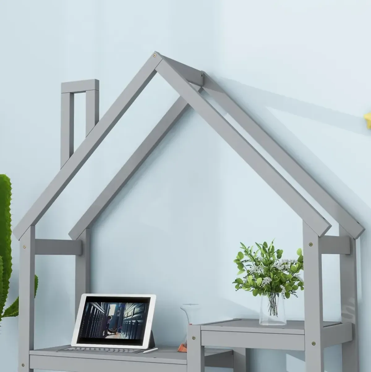 House-Shaped Wooden Writing Desk, Kids Study Table, Bookshelf & Toy Storage