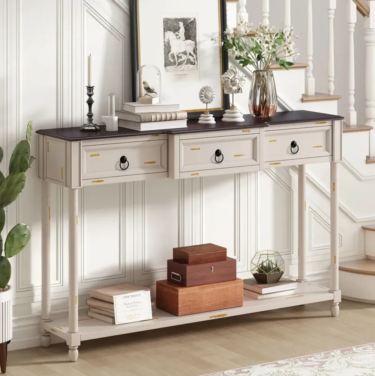 Console Table Sofa Table With Drawers For Entryway With Projecting Drawers And Long Shelf