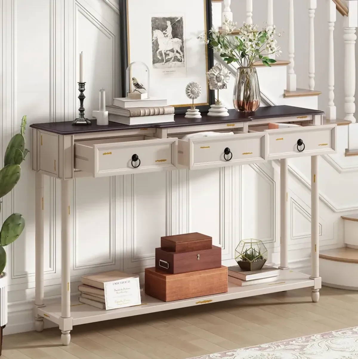 Console Table Sofa Table With Drawers For Entryway With Projecting Drawers And Long Shelf