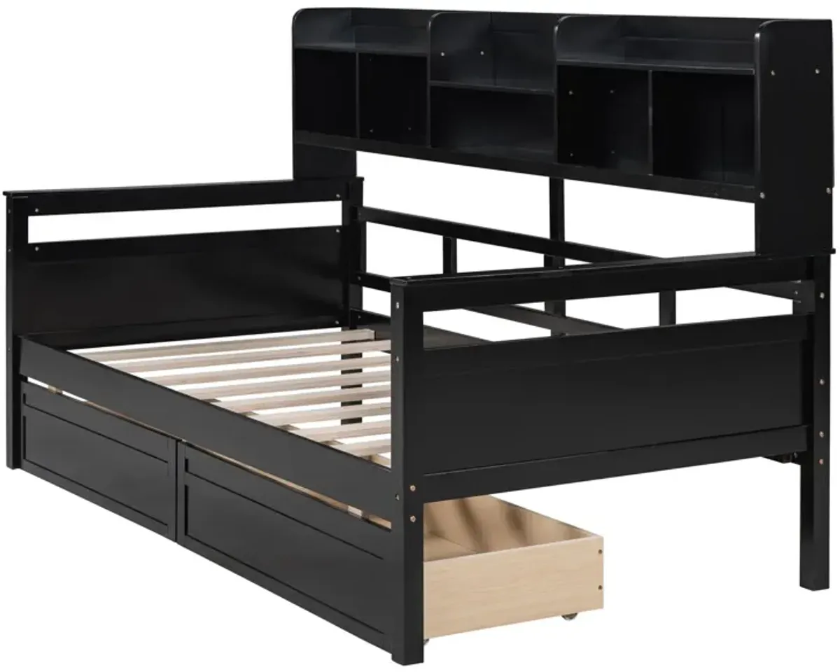 Daybed, Wood Slat Support, With Bedside Shelves And Two Drawers