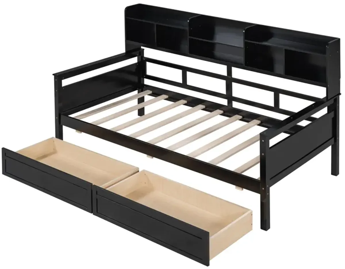 Daybed, Wood Slat Support, With Bedside Shelves And Two Drawers