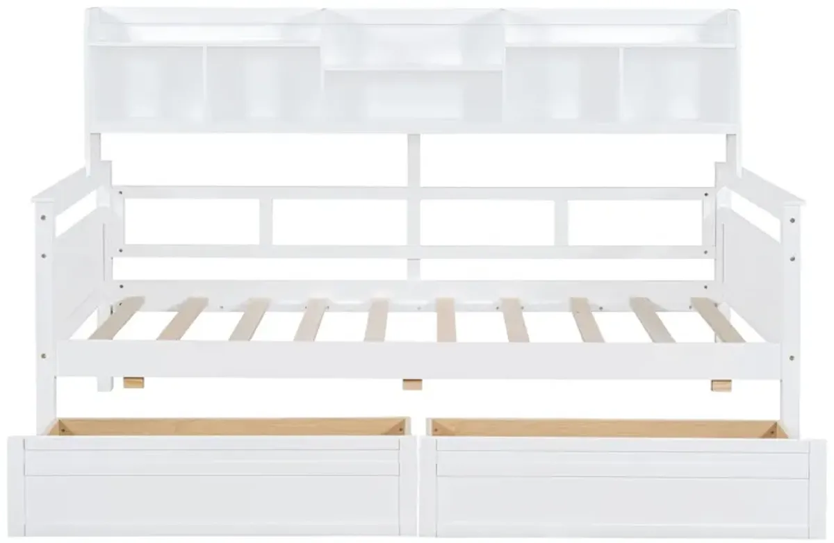 Daybed, Wood Slat Support, With Bedside Shelves And Two Drawers