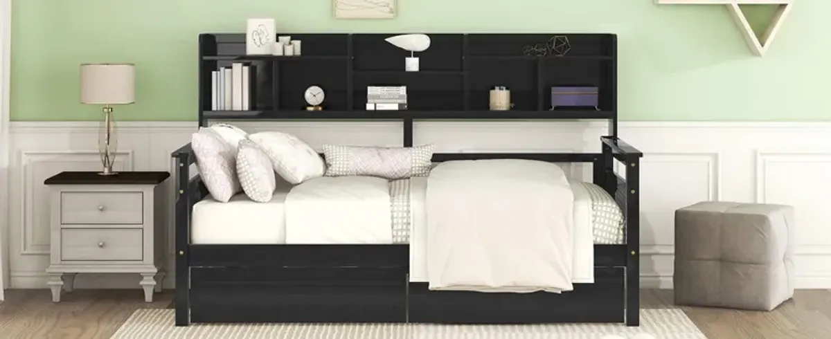 Daybed, Wood Slat Support, With Bedside Shelves And Two Drawers