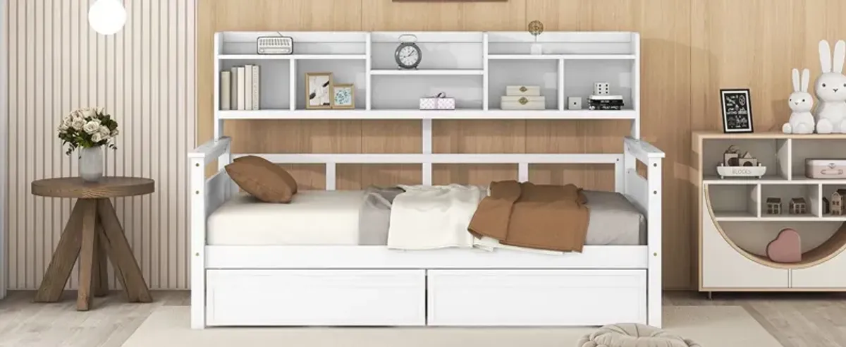 Daybed, Wood Slat Support, With Bedside Shelves And Two Drawers