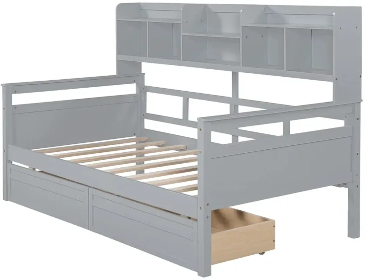 Daybed, Wood Slat Support, With Bedside Shelves And Two Drawers