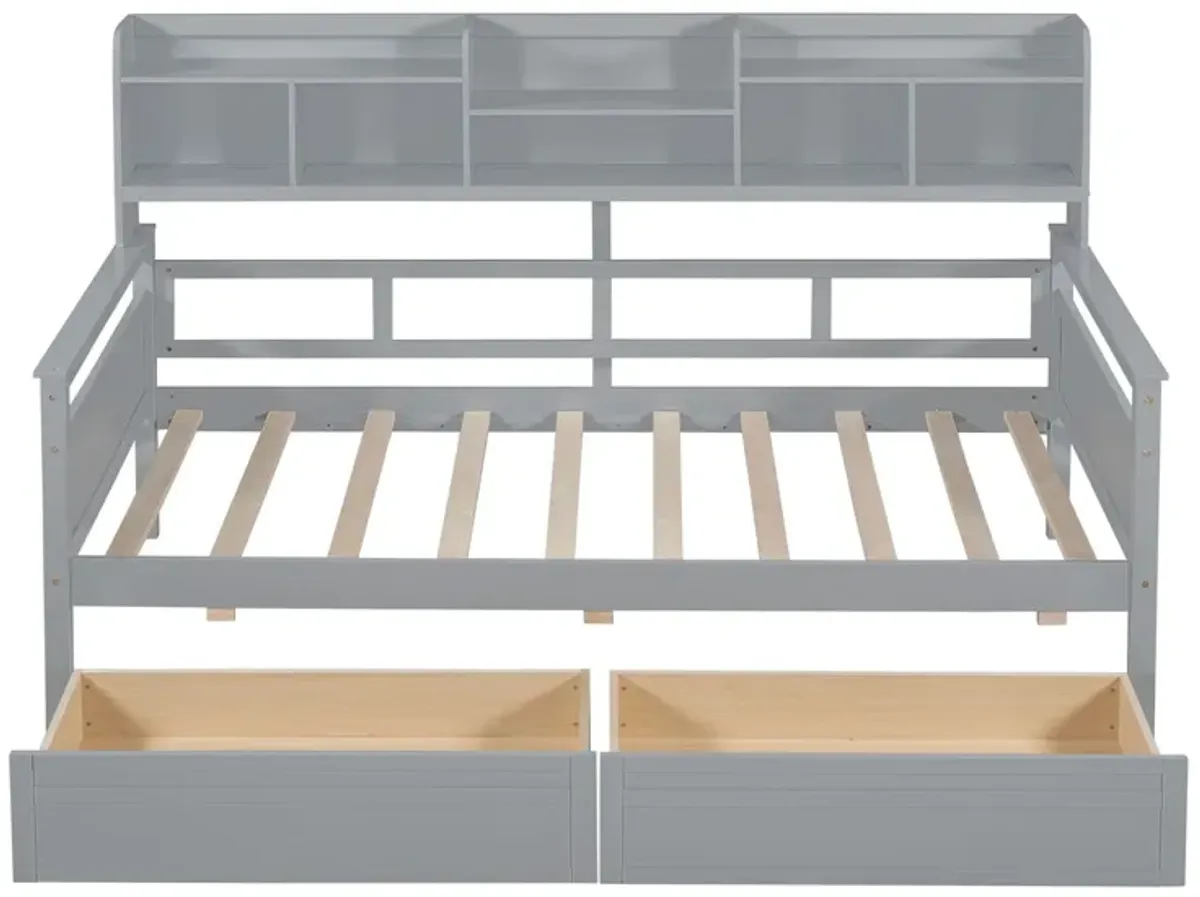 Daybed, Wood Slat Support, With Bedside Shelves And Two Drawers