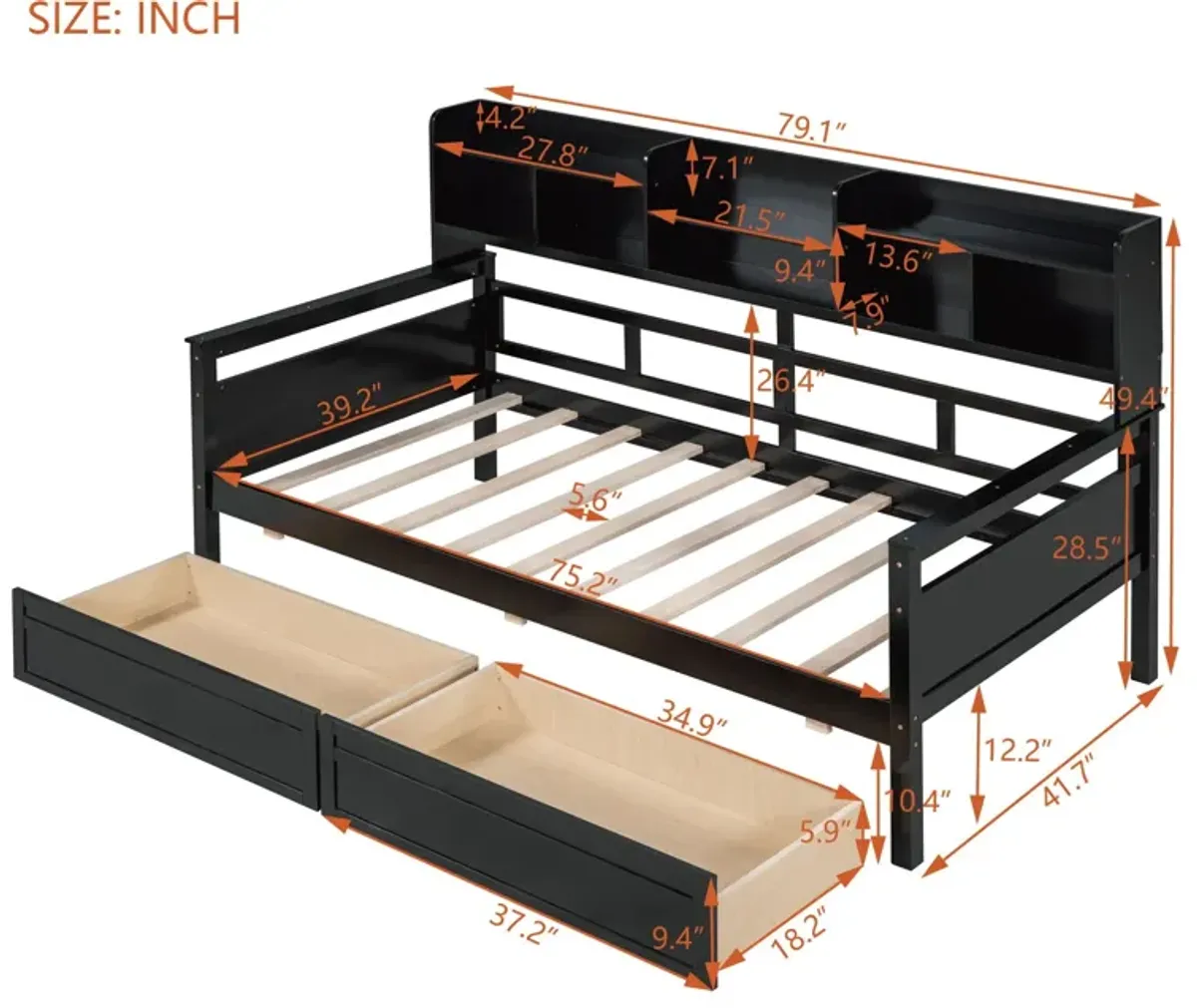 Daybed, Wood Slat Support, With Bedside Shelves And Two Drawers