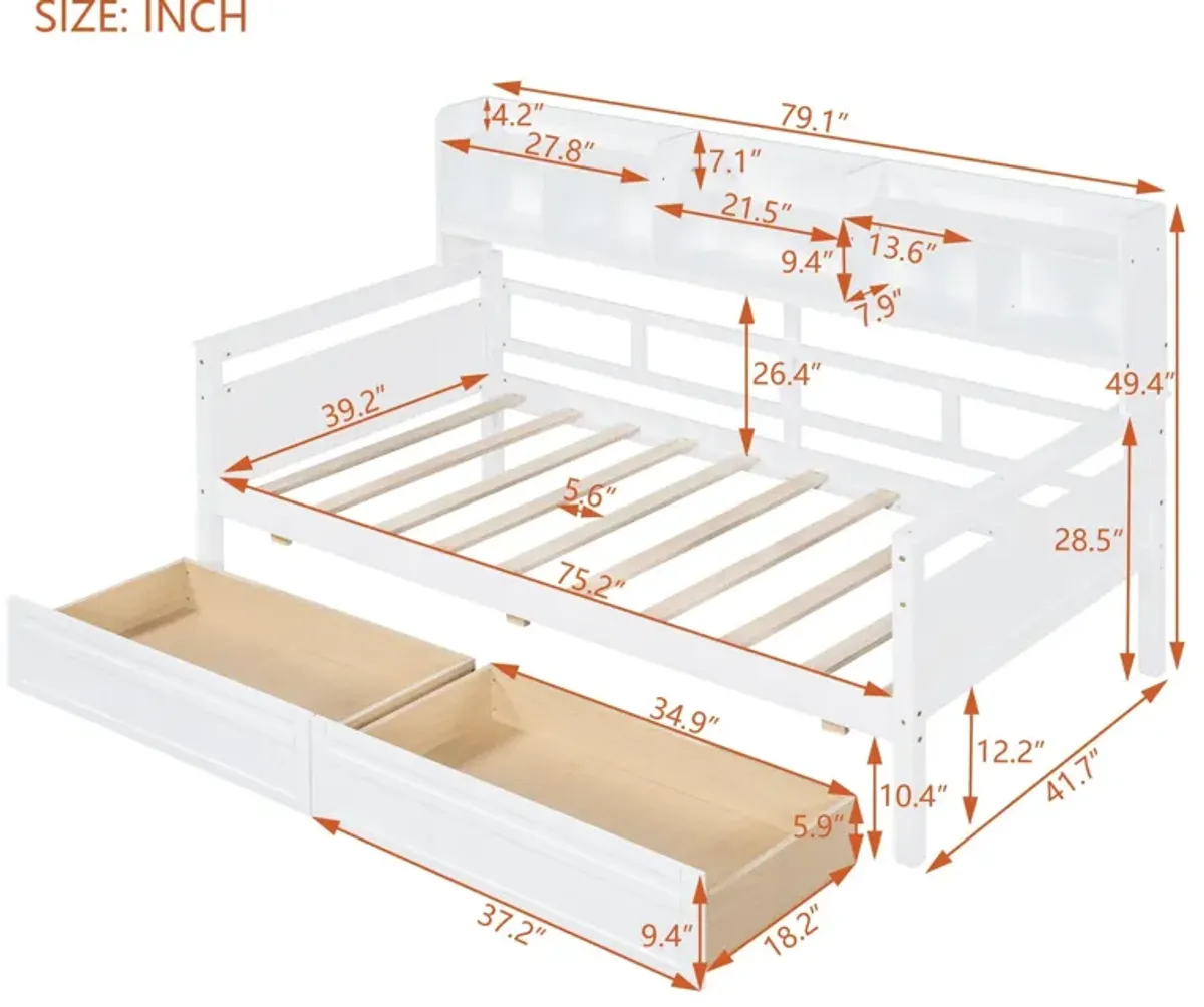 Daybed, Wood Slat Support, With Bedside Shelves And Two Drawers