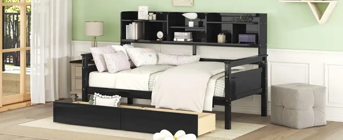 Daybed, Wood Slat Support, With Bedside Shelves And Two Drawers