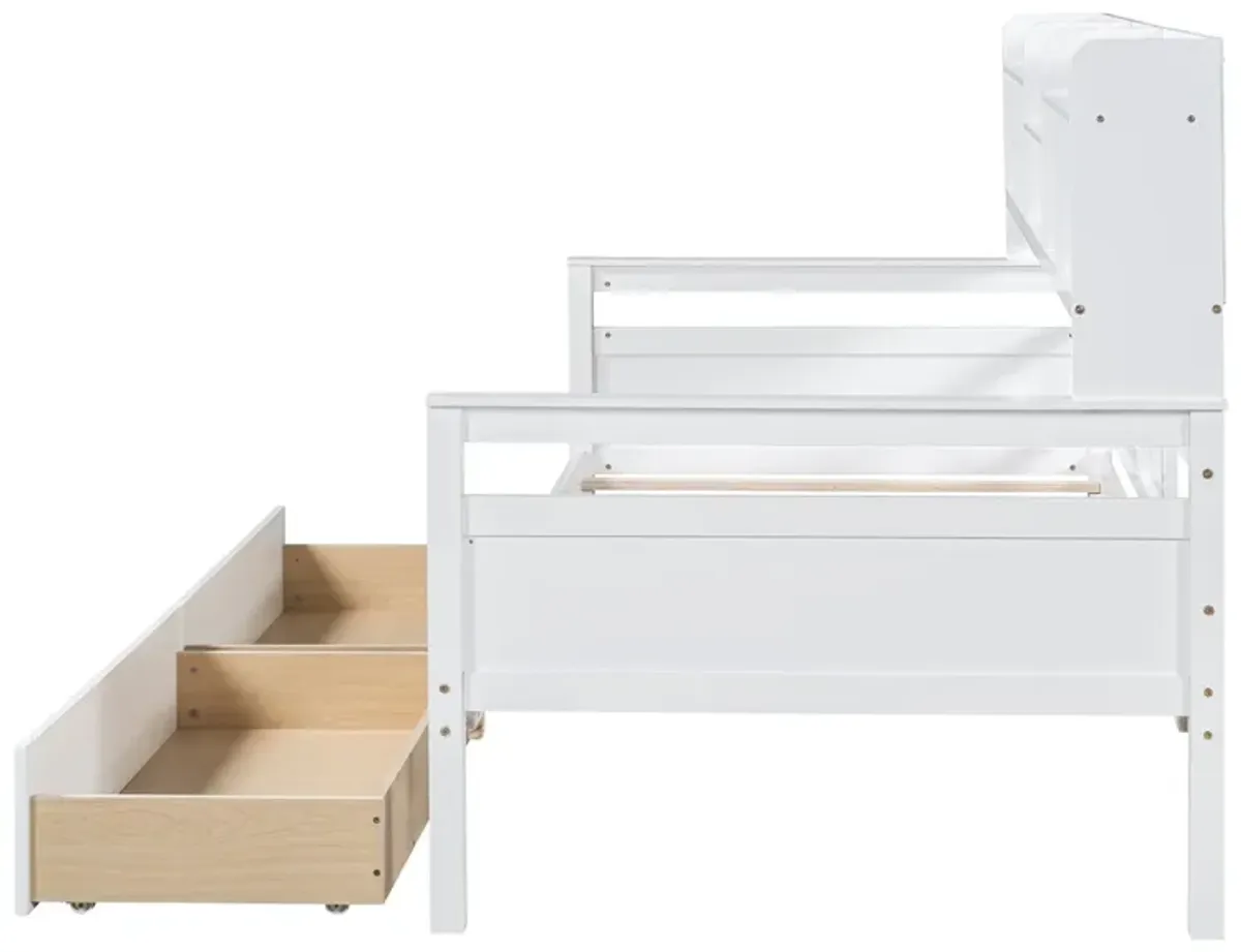 Daybed, Wood Slat Support, With Bedside Shelves And Two Drawers