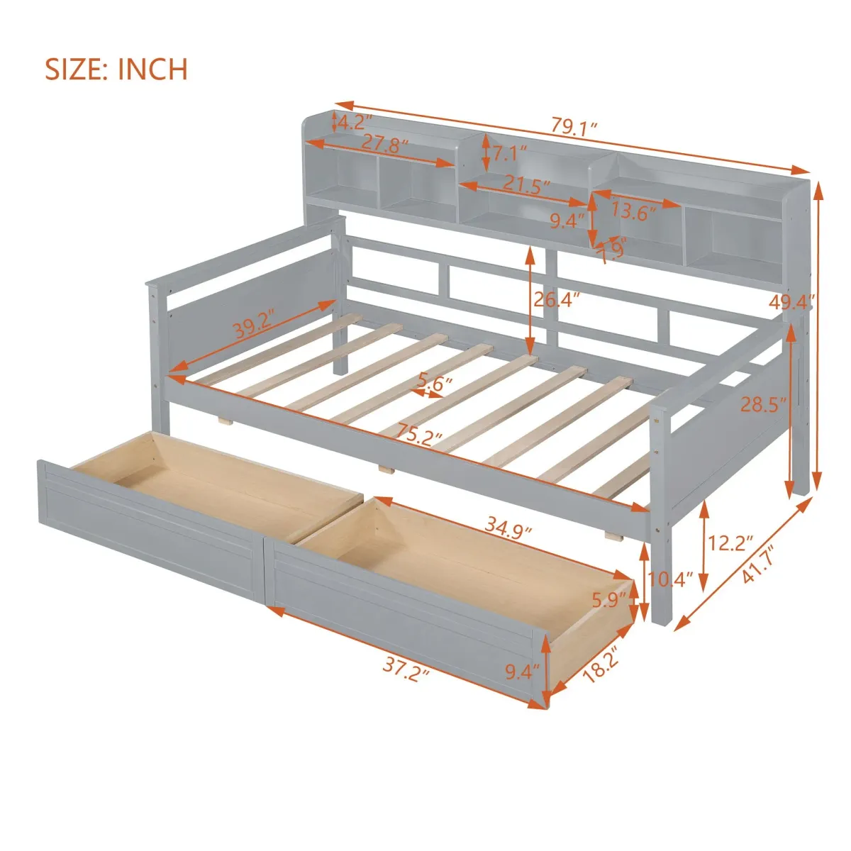 Daybed, Wood Slat Support, With Bedside Shelves And Two Drawers