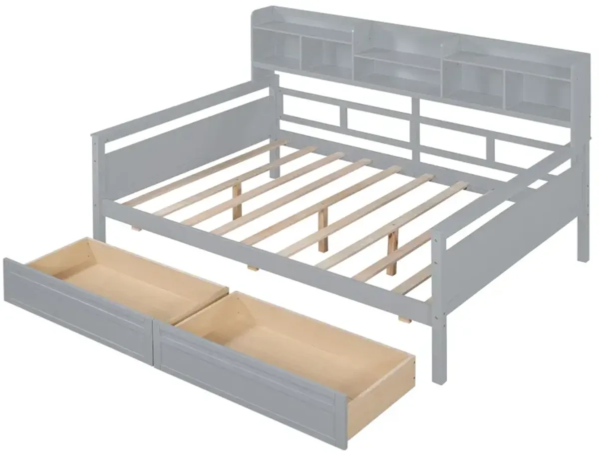 Daybed, Wood Slat Support, With Bedside Shelf And Two Drawers