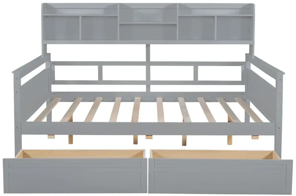 Daybed, Wood Slat Support, With Bedside Shelf And Two Drawers