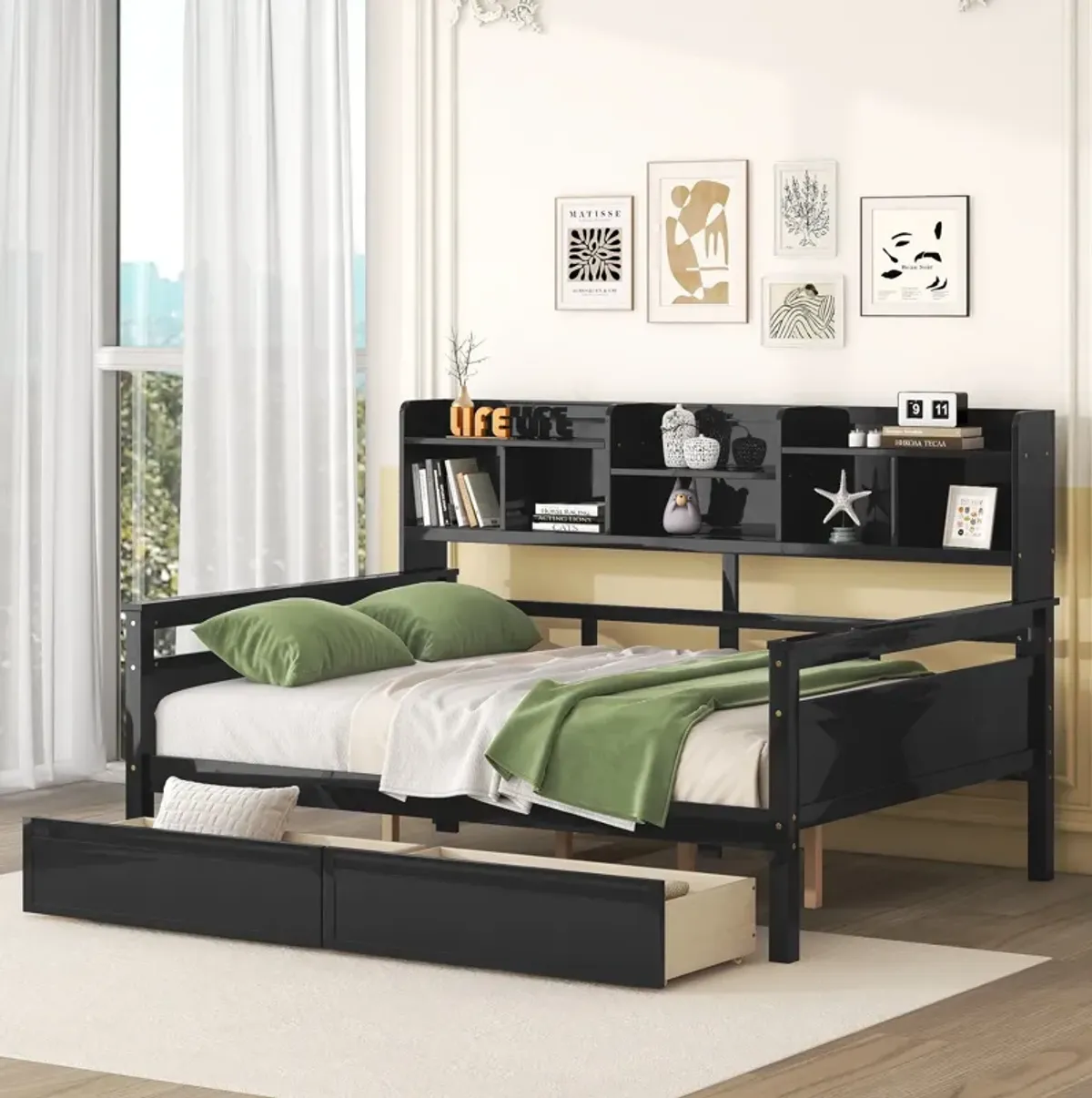 Daybed, Wood Slat Support, With Bedside Shelf And Two Drawers