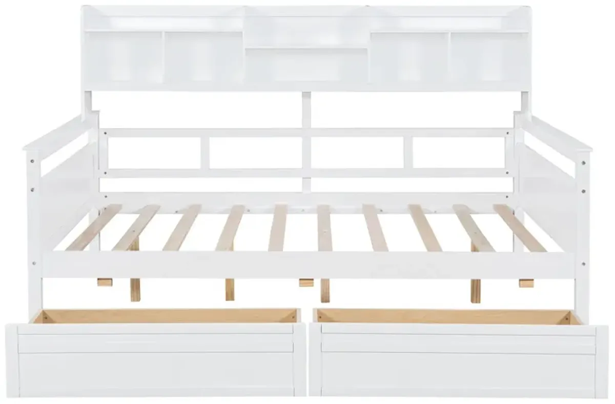 Daybed, Wood Slat Support, With Bedside Shelf And Two Drawers