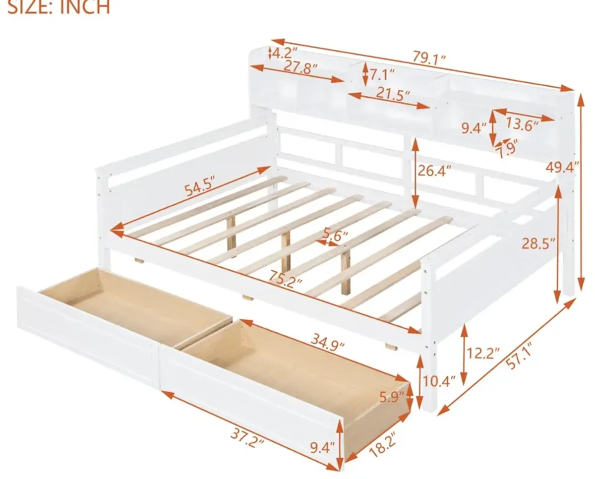 Daybed, Wood Slat Support, With Bedside Shelf And Two Drawers