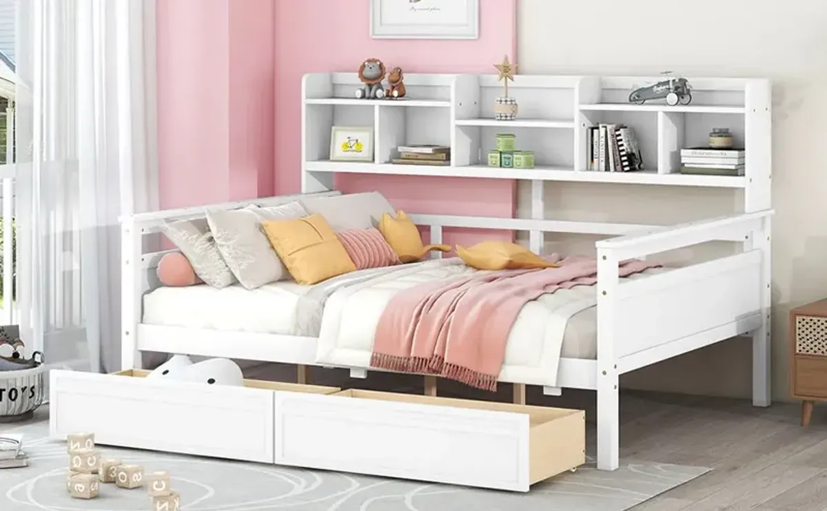 Daybed, Wood Slat Support, With Bedside Shelf And Two Drawers