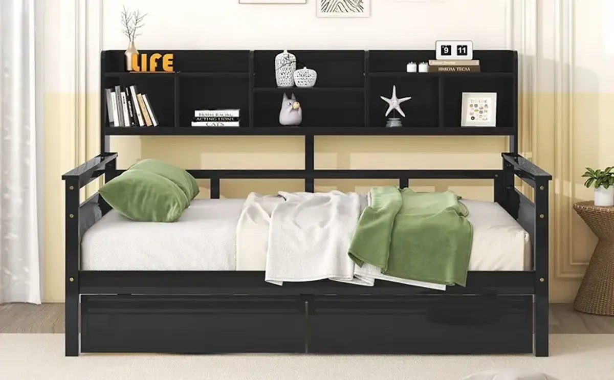 Daybed, Wood Slat Support, With Bedside Shelf And Two Drawers