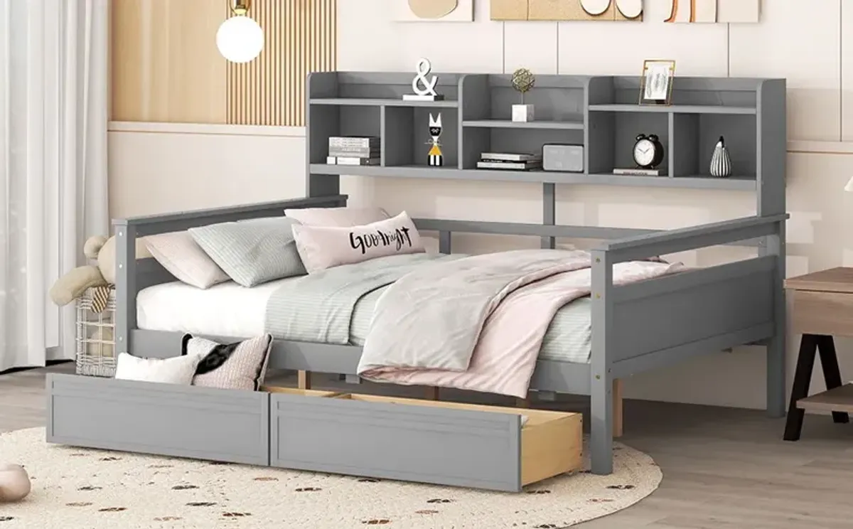 Daybed, Wood Slat Support, With Bedside Shelf And Two Drawers