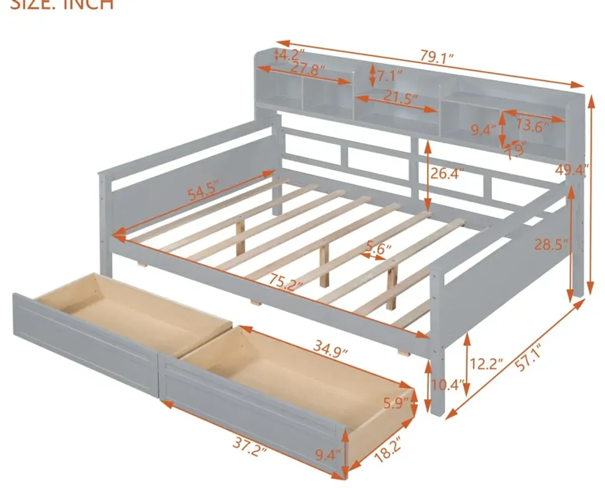 Daybed, Wood Slat Support, With Bedside Shelf And Two Drawers