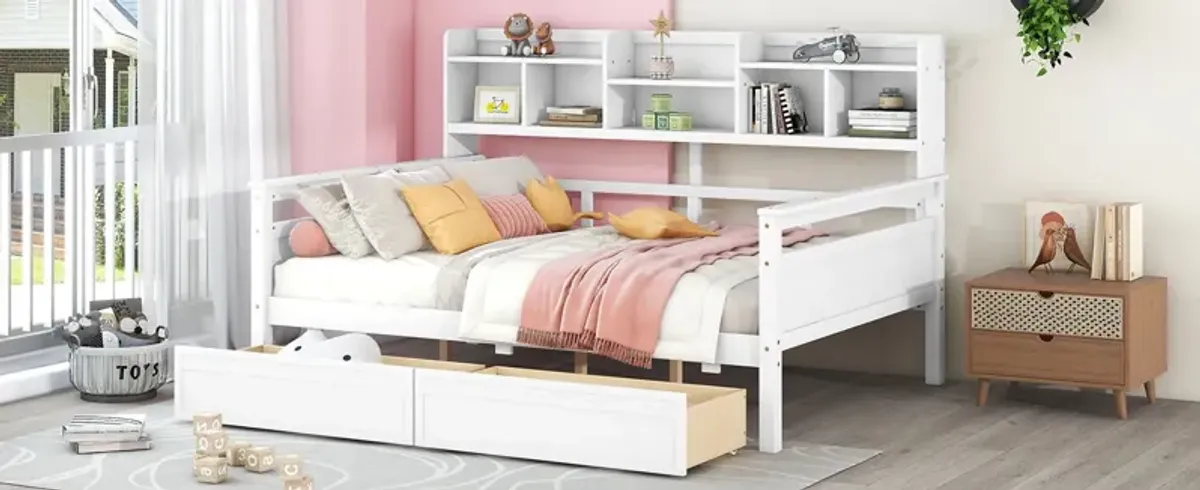 Daybed, Wood Slat Support, With Bedside Shelf And Two Drawers