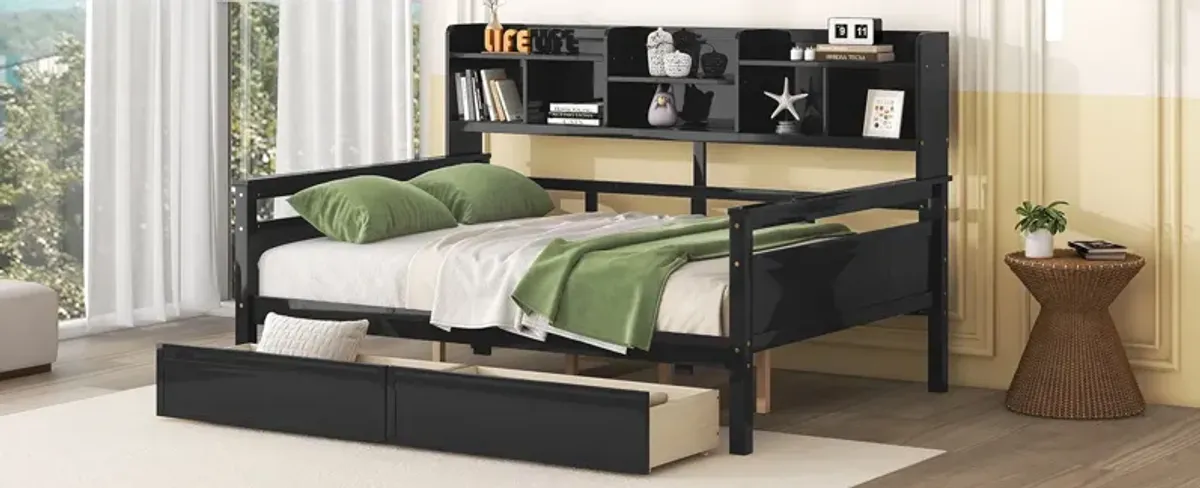 Daybed, Wood Slat Support, With Bedside Shelf And Two Drawers