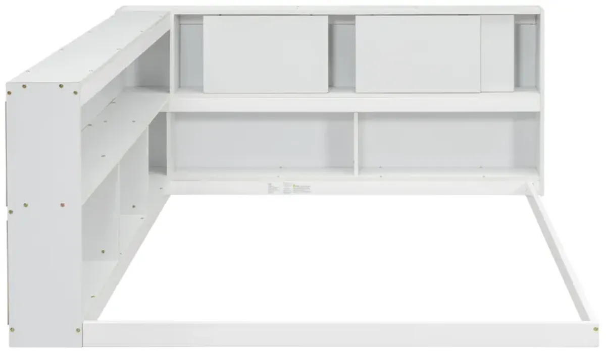 Floor Bed With L-Shaped Bookcases, Sliding Doors, Without Slats