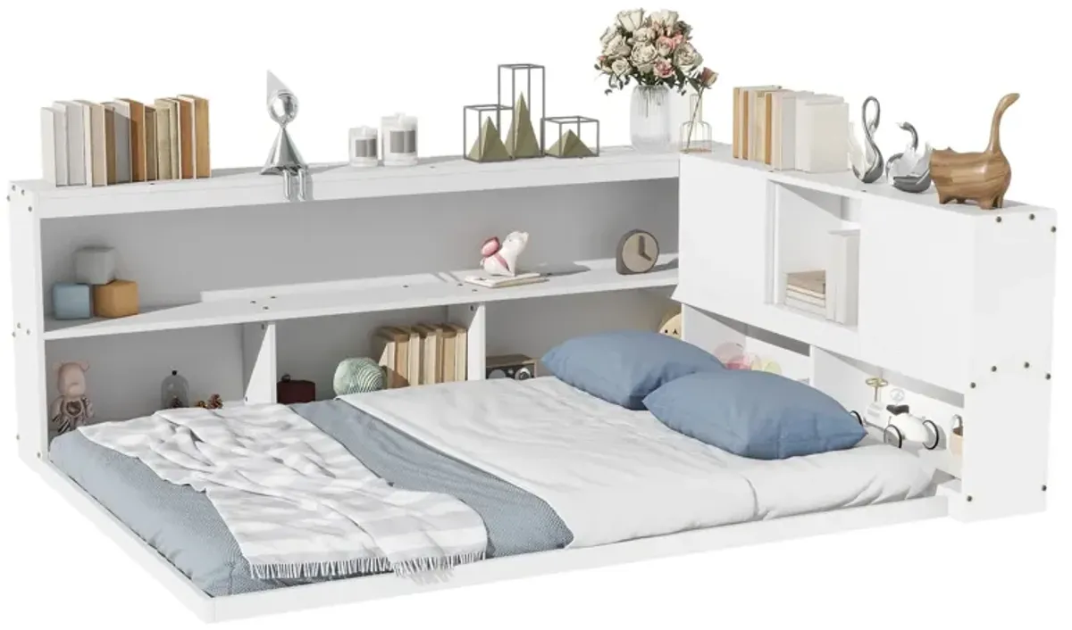 Floor Bed With L-Shaped Bookcases, Sliding Doors, Without Slats