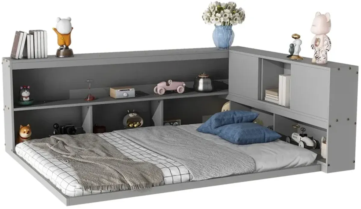 Floor Bed With L-Shaped Bookcases, Sliding Doors, Without Slats