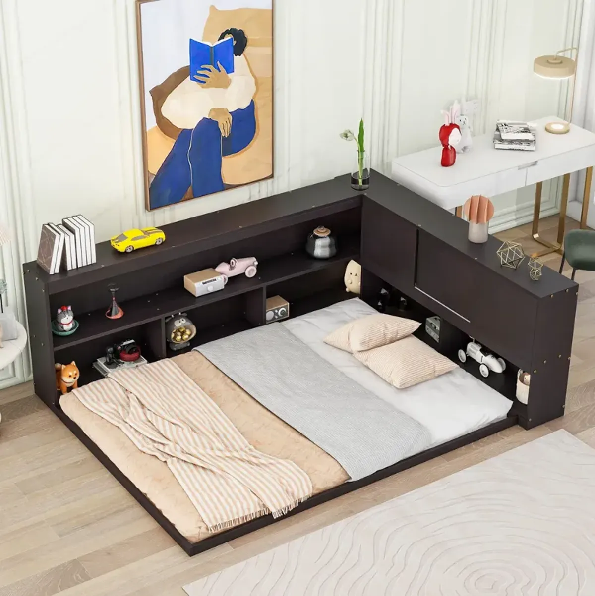 Floor Bed With L-Shaped Bookcases, Sliding Doors, Without Slats