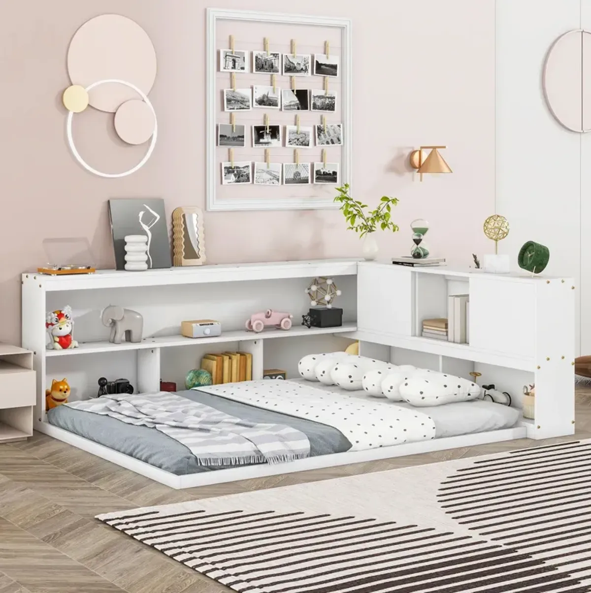 Floor Bed With L-Shaped Bookcases, Sliding Doors, Without Slats