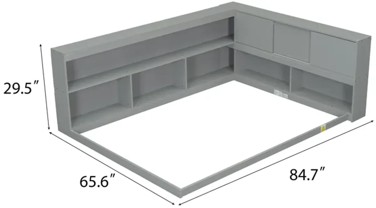 Floor Bed With L-Shaped Bookcases, Sliding Doors, Without Slats