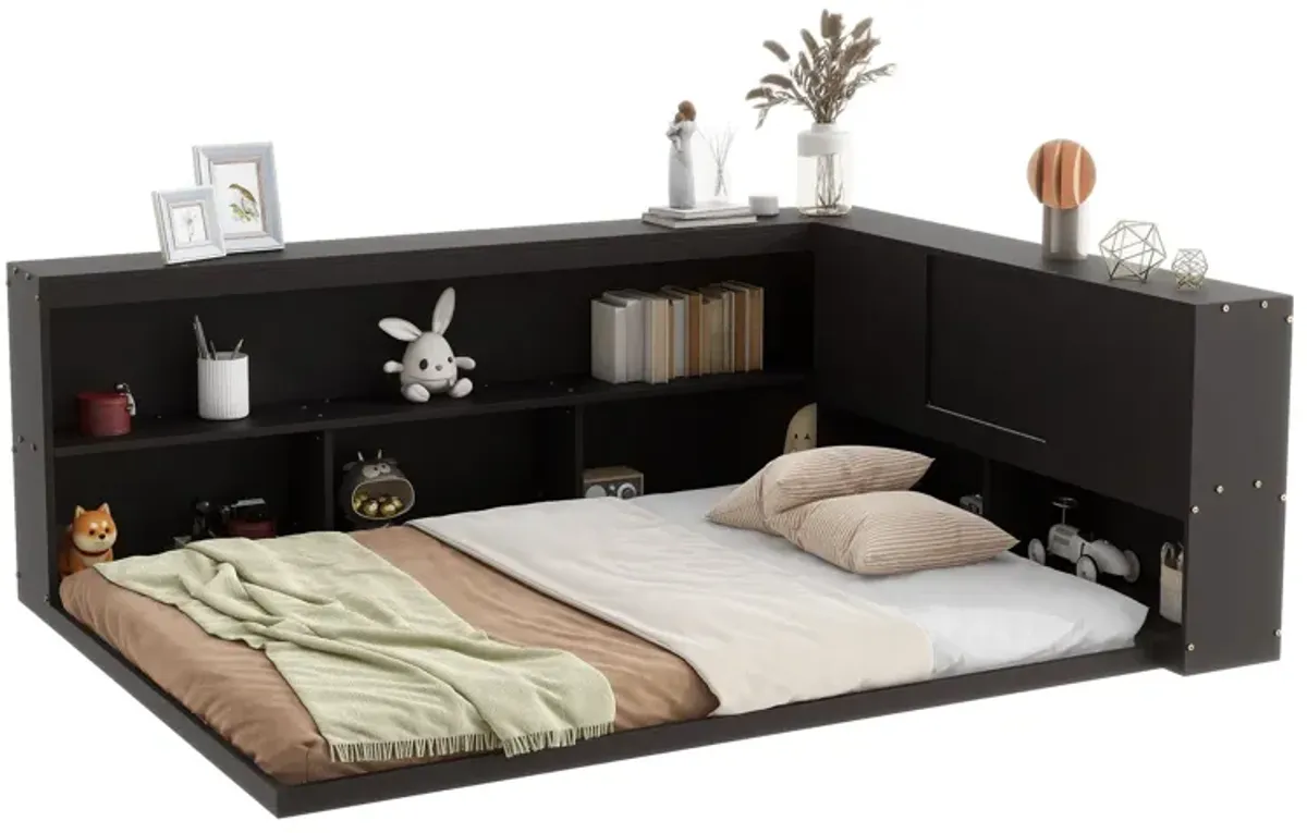 Floor Bed With L-Shaped Bookcases, Sliding Doors, Without Slats