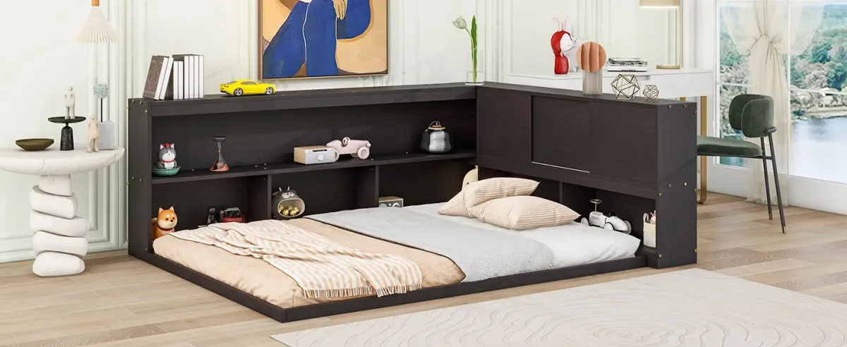 Floor Bed With L-Shaped Bookcases, Sliding Doors, Without Slats