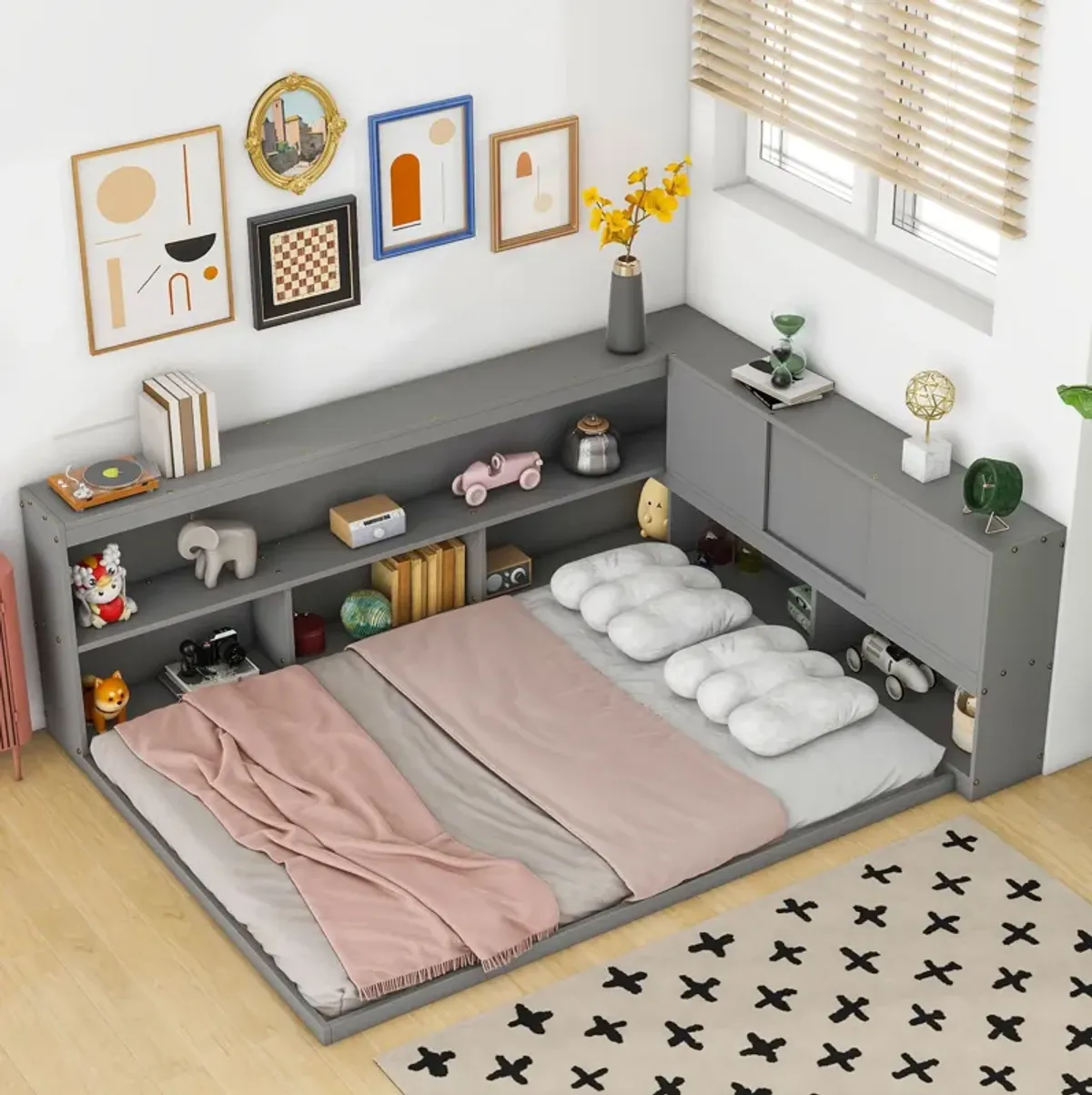 Floor Bed With L-Shaped Bookcases, Sliding Doors, Without Slats