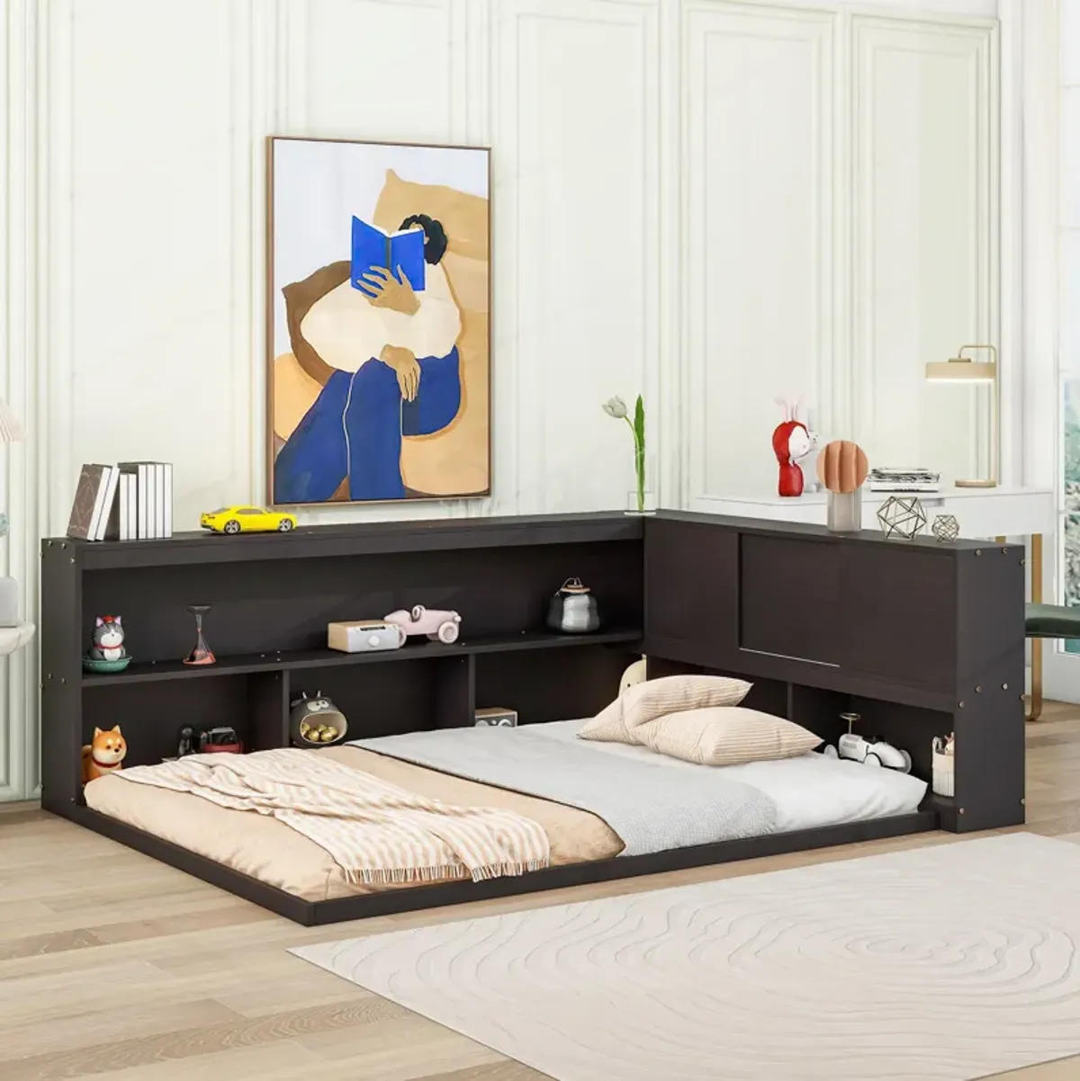 Floor Bed With L-Shaped Bookcases, Sliding Doors, Without Slats