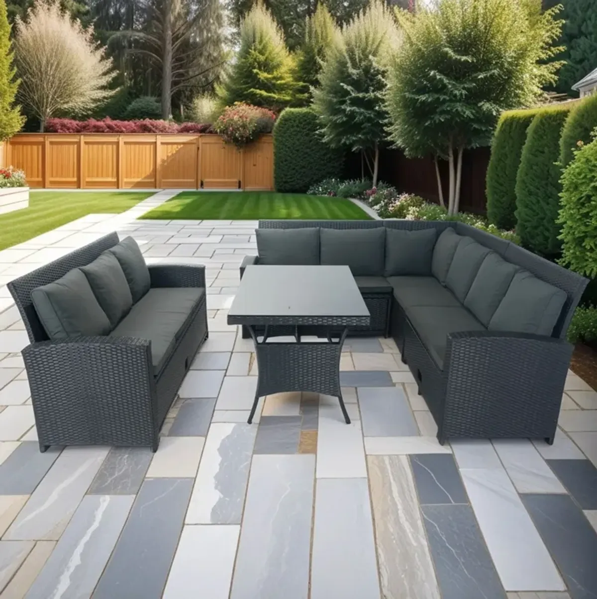 5 Piece Patio Wicker Outdoor Sectional Set 9 Seater Conversation Set With 3 Storage Under Seat