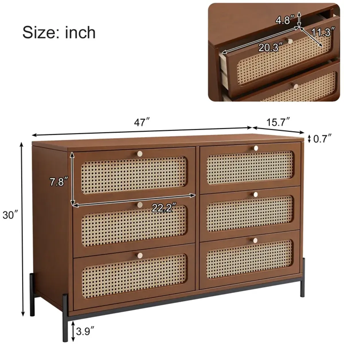 Modern Cannage Rattan Wood Closet 6 Drawer Dresser Wood Storage Cabinet Sideboard For Bedroom, Living Room, Entryway, Hallway